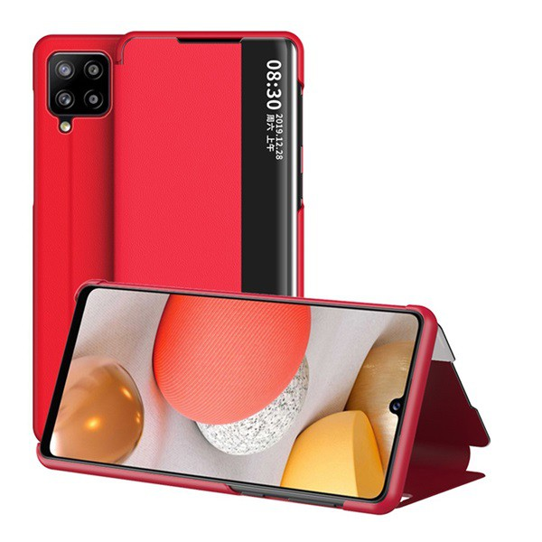 Tok álló, bőr hatású (aktív FLIP, oldalra nyíló, asztali tartó funkció, hívószámkijelzés, View Window) PIROS [Samsung Galaxy A42 5G (SM-A425F)] (5996591037257)