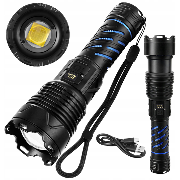 3v1 alu. LED taktična ročna svetilka aku. 5000mAh 1500lm ZOOM LCD USB