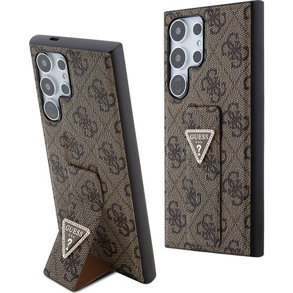 Guess GUHCS24LPGS4TDW S24 Ultra S928 Barna Keménytok Grip Stand 4G Triangle Strass