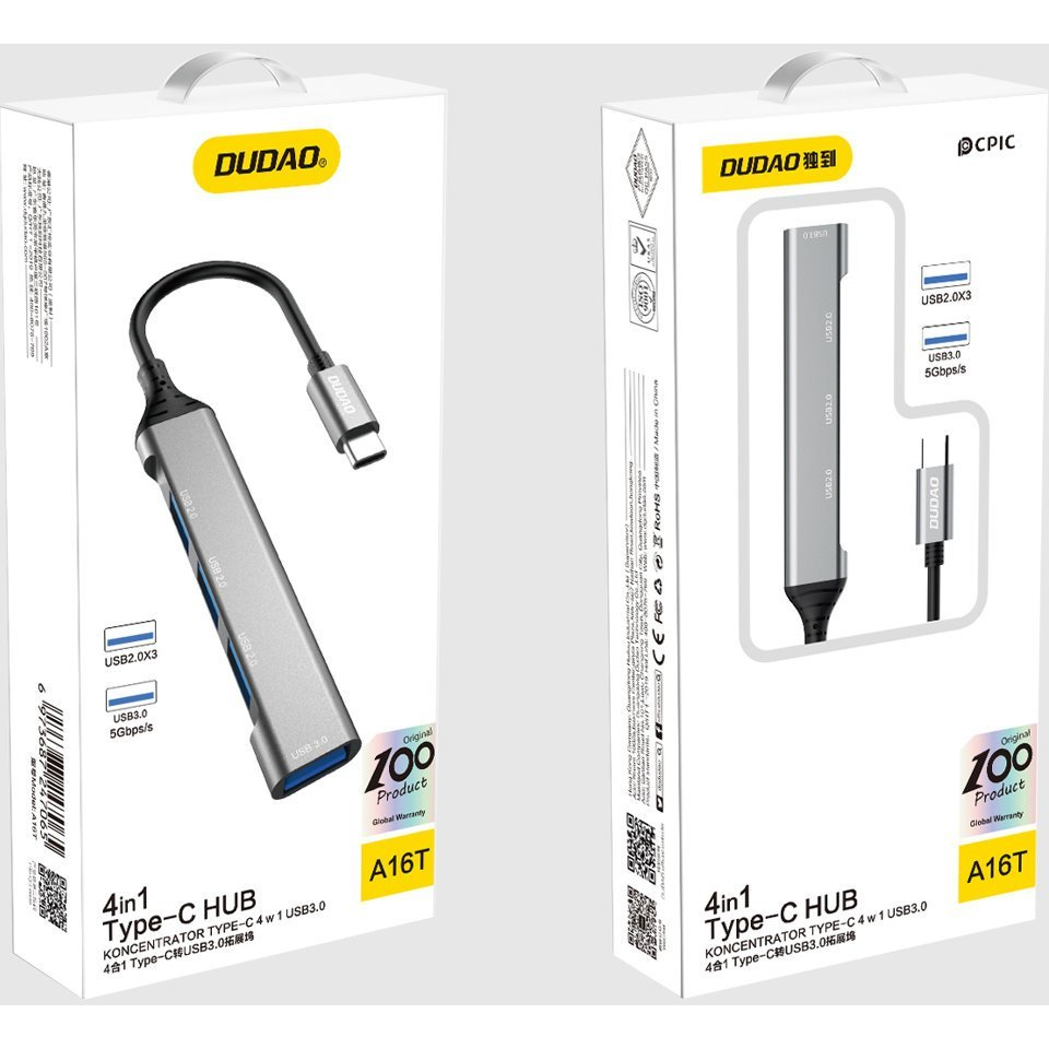 Dudao Hub 4 Az 1-Ben USB-C - 4X USB-A (3 x USB2.0 / USB3.0) 6.3Cm Fekete (A16T) (DDA253)