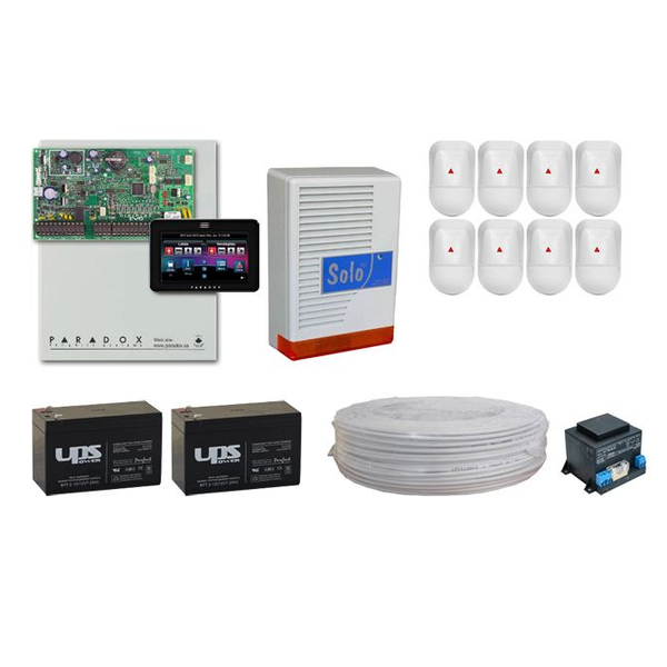 Paradox EVO192 rendszer (8 db mozgásérzékelő, központ, TFT kezelő, doboz, sziréna, táp, 2 db akkumulátor, kábel)