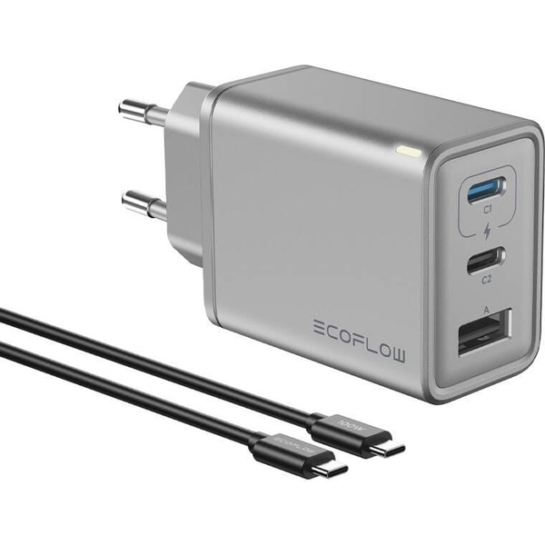 Мрежово зарядно устройство EcoFlow, Fast Charger, 65W GaN 2x USB-C 1x USB-A (включен 100W кабел)