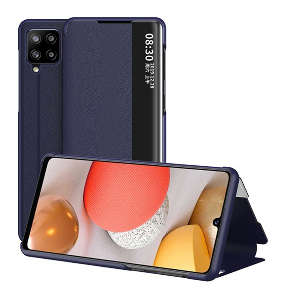 Tok álló, bőr hatású (aktív FLIP, oldalra nyíló, asztali tartó funkció, hívószámkijelzés, View Window) SÖTÉTKÉK [Samsung Galaxy A42 5G (SM-A425F)] (5996591037295)