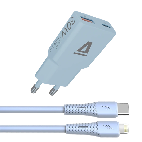 AVAX CH6416 30W GaN töltő és USB-C–Lightning szilikon kábel, világoskék (AVAX_CH6416)