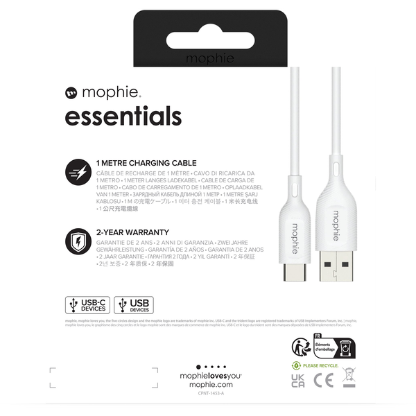 mophie essentials charging cables | 1M cavo USB USB 2.0 USB A USB C Bianco