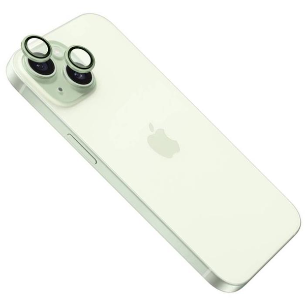 Фиксирано предпазно защитно стъкло за обектива на камерата за Apple iPhone 15/15 Plus, със светло зелена рамка, FIXGC2-1200-LGGRE