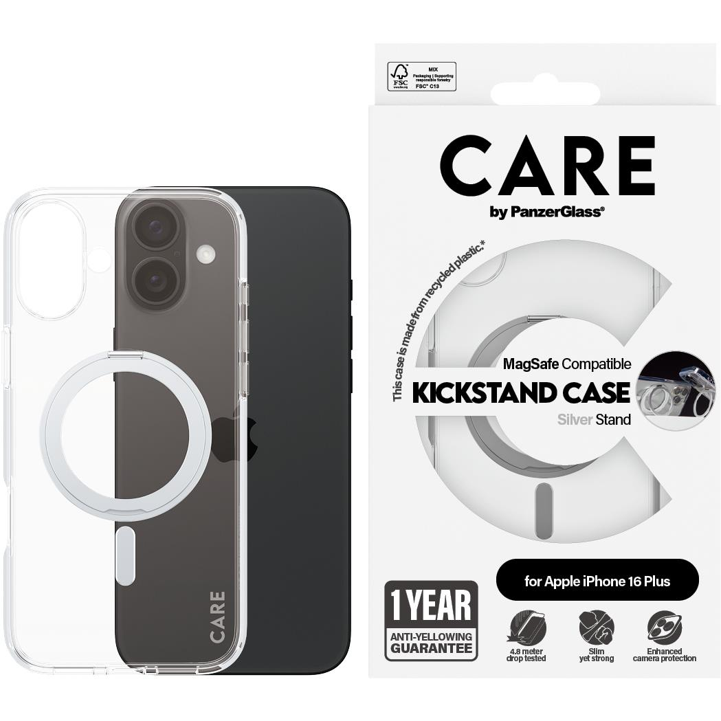 PanzerGlass CARE Apple iPhone 16 Plus MagSafe KickStand átlátszó/szürke nem sárguló tok (1327)
