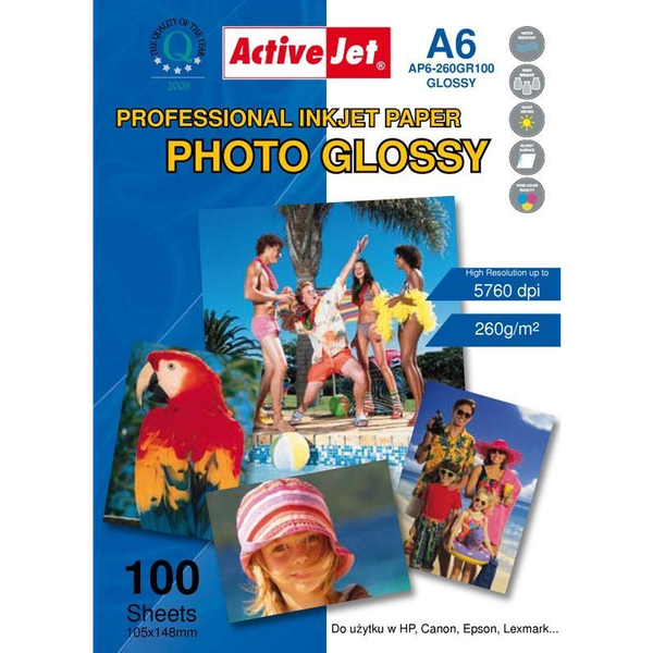 Фотохартия, Activejet, Покрити с гланцирана смола, формат А6, 100 бр