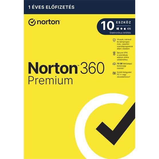 NortonLifeLock Norton 360 Premium 75GB 1 felhasználó 10 eszköz 1 év licence dobozos vírusirtó szoftver (21416702) (21416702)