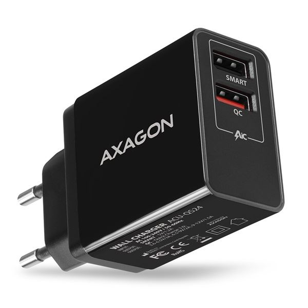 Axagon ACU-QS24 QC3.0 + 5V-1.2A hálózati töltő fekete (ACU-QS24)