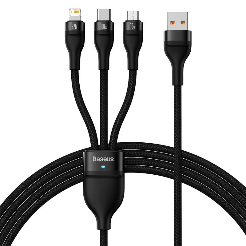 Baseus Flash Series 3 az 1-ben USB-kábel USB-C + micro USB + Lightning 100W 1.2m fekete (CASS030001) (CASS030001)