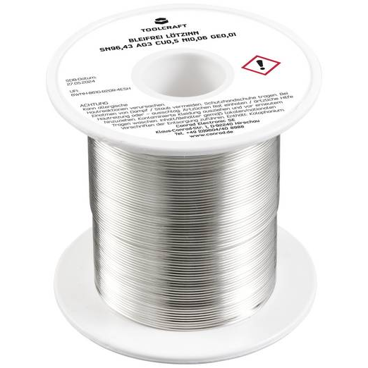 TOOLCRAFT Forrasztóón, ólommentes Tekercs Sn96,43Ag3Cu0,5Ni0,06Ge0,01 ROL1 100 g 0.7 mm (TO-9503328) (TO-9503328)