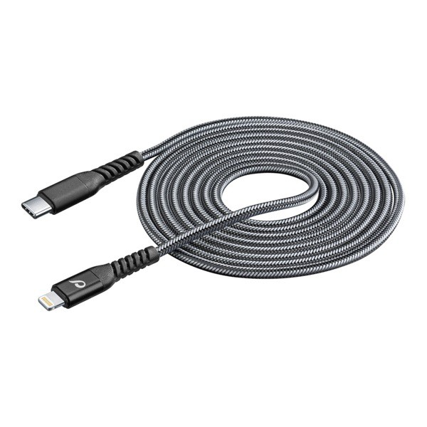 CELLULARLINE adatkábel és töltő (Type-C - lightning 8pin, kevlár borítás, gyorstöltés támogatás, MFI, 120cm) FEKETE (TETRACABC2LMFI1MK) (TETRACABC2LMFI1MK)