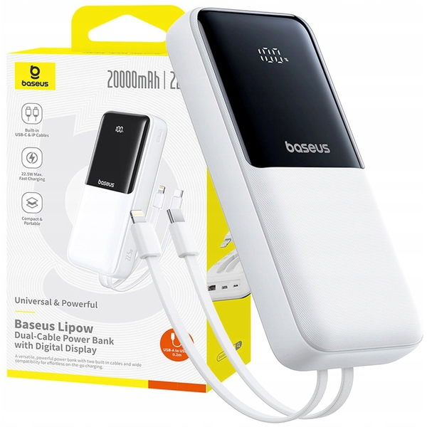 Baseus Lipow Power Bank de 20000 mAh și 22,5 W cu cablu integrat, alb