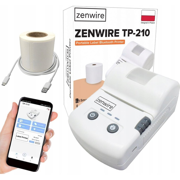 Zenwire TP-210 mini termični tiskalnik nalepk Bluetooth USB-C, prenosni, 1500 mAh baterija, 203 DPI