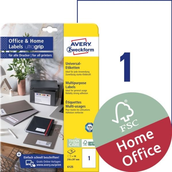 Avery-Zweckform 6125 Etikettek 210 x 297 mm Papír Fehér 10 db Véglegesen tapadó Univerzális etikett Tinta, Lézer, Másolat 10 lap (6125)