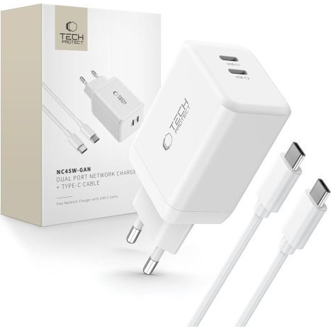 Síťová nabíječka pro telefon TECH-PROTECT NC45W GAN, 2 porty PD45W + kabel