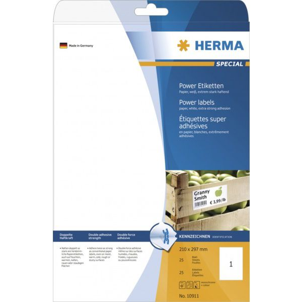 Herma 10911 210 x 297 mm Papír Fehér 25 db Véglegesen tapadó Erős ragasztó címkék Tinta, Lézer, Másolat 25 lap DIN A4 (10911)