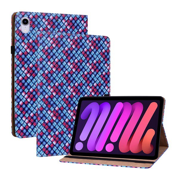 Tok álló, bőr hatású (aktív FLIP, oldalra nyíló, asztali tartó funkció, bankkártya tartó, fonott minta) KÉK [Apple IPAD mini 6 (2021)] (5996591128566)