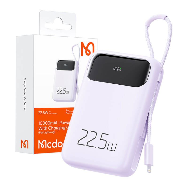 Mcdodo 10000mAh Power Bank beépített Lightning kábellel 22.5W lila (MC-3255) (MC-3255)