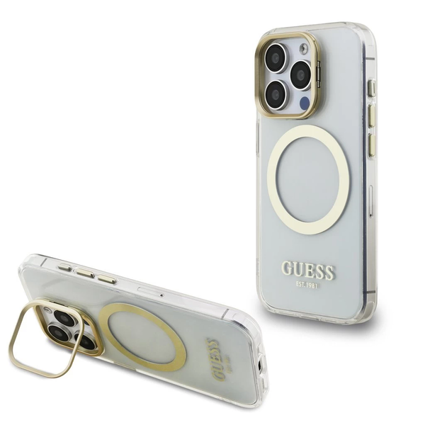 Guess IML Gold Outline Stand Camera Frame MagSafe tok iPhone 15 Pro Max készülékhez átlátszó