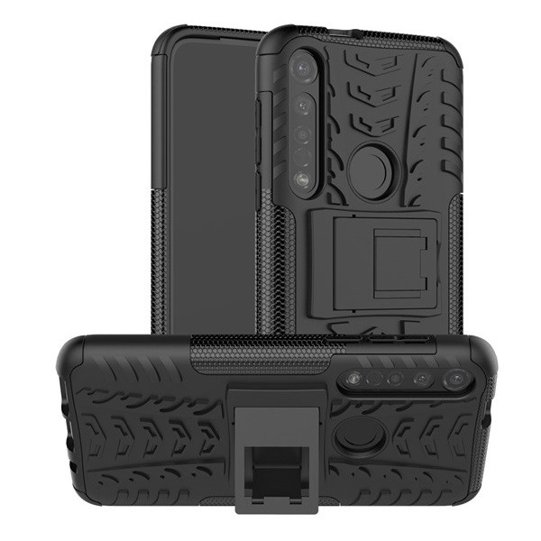 Motorola Moto G8 Plus, Műanyag hátlap védőtok, Defender, kitámasztóval és szilikon belsővel, autógumi minta, fekete (G92845)