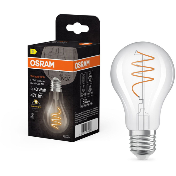 OSRAM LED izzó, átlátszó, E27, 3,4 W, VINTAGE CLASSIC A, meleg fehér