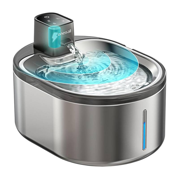Oneisall PTM-643 Фонтан за вода за домашни любимци, безжичен, 4L капацитет, 5W, 3000 mAh, USB-C, неръждаема стомана, сребрист