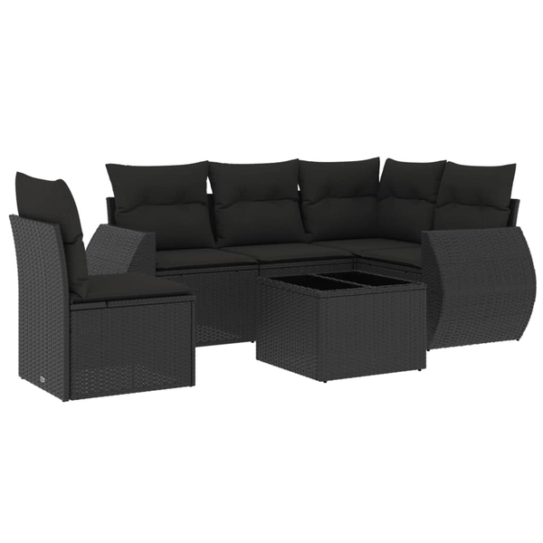 Set mobilier de grădină cu perne, 6 piese, negru, poliratan