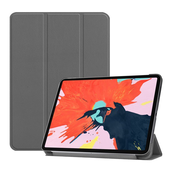 Tok álló, bőr hatású (aktív FLIP, oldalra nyíló, TRIFOLD asztali tartó funkció) SZÜRKE [Apple IPAD Pro 12.9 (2018)]