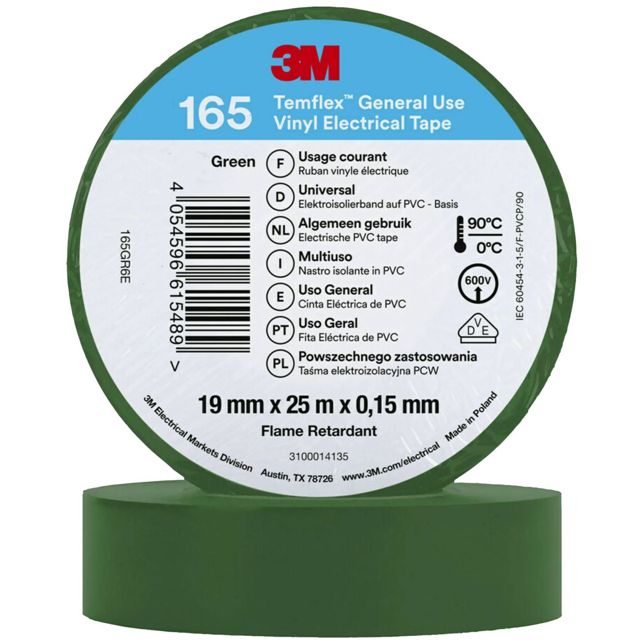 3M Temflex 165 165GR6E vinil szigetelőszalag, zöld, 25 m x 19 mm (165GR6E)
