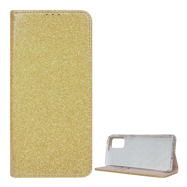 Tok álló, bőr hatású (FLIP, szilikon belső, oldalra nyíló, asztali tartó funkció, bankkártya tartó, csillogó) ARANY [Samsung Galaxy S20 Plus 5G (SM-G986)] (5996457950324)