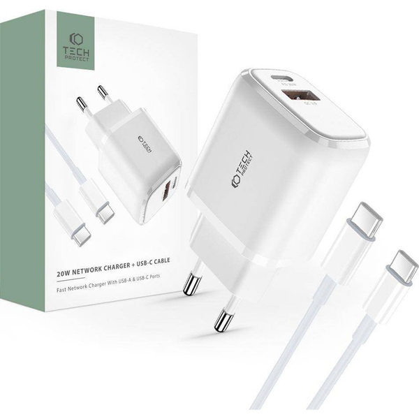 Ładowarka Tech-Protect Ładowarka sieciowa Tech-protect C20W 2-port Network Charger PD 20W QC 3.0 + USB-C Cable White