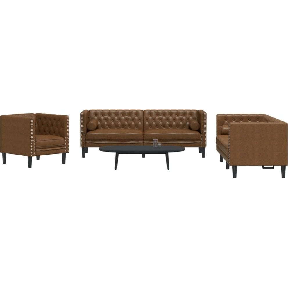 3 részes barna művelúr Chesterfield kanapészett hengerpárnákkal (3209290)