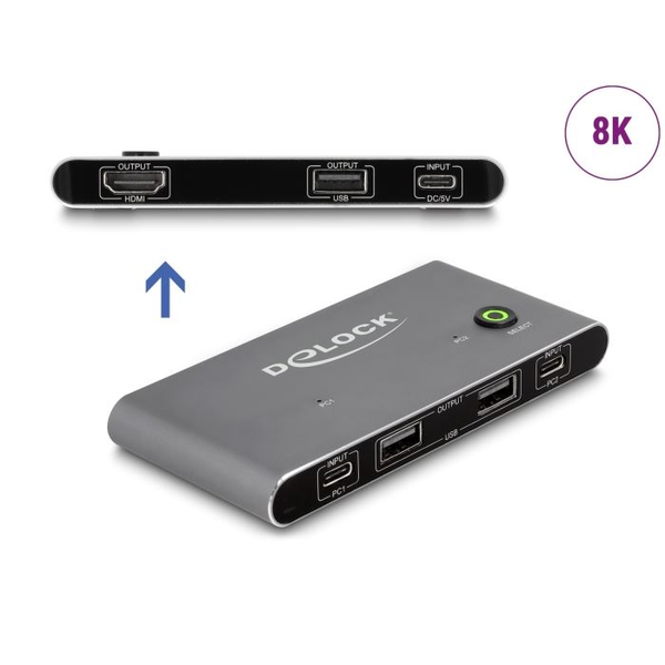 Delock USB-C-s KVM kapcsoló HDMI-hez 8K 60 Hz USB 2.0 csatlakozó felülettel (11486)