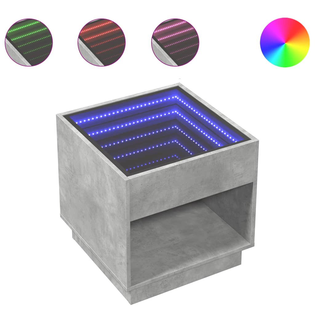 betonszürke végtelen hatású LED-es dohányzóasztal 50x50x50 cm (847654)
