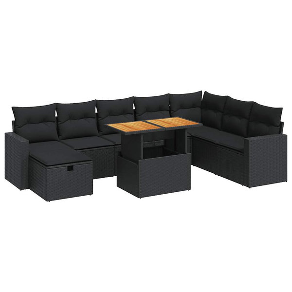 9 részes fekete polyrattan akácfa kerti ülőgarnitúra párnákkal