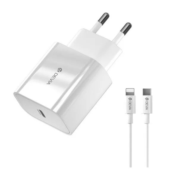 DEVIA SMART V2 hálózati töltő Type-C aljzat (20W, PD gyorstöltő + lightning kábel) FEHÉR, EC042_V2_W (6938595383847)