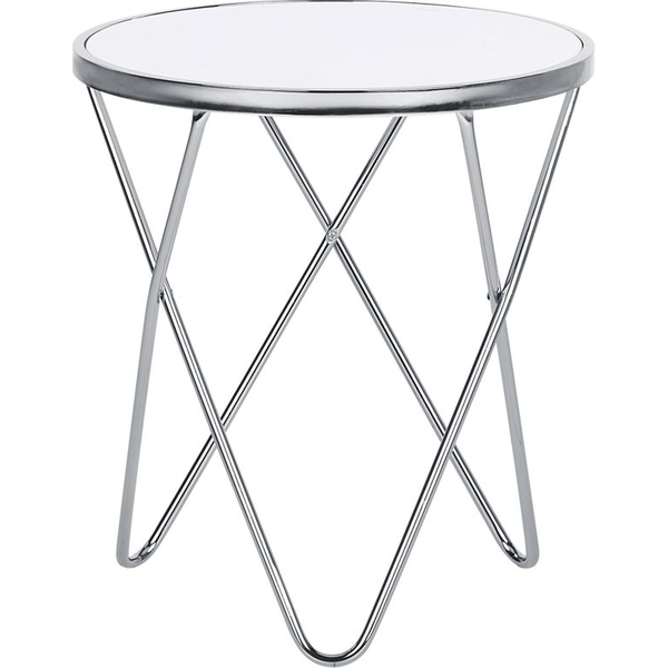 Mesa Auxiliar Tablero De Cristal Templado Blanco Patas De Horquilla De Metal Plateado Forma Redonda Meridian Ii - Blanco