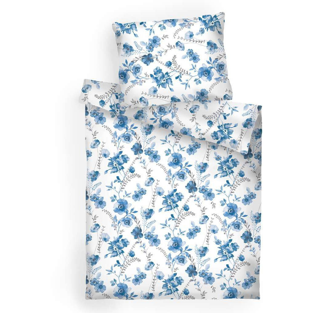 Dadka 140 × 200 cm, 70 × 90 cm ágynemű, flanel - kék virágok, fehér (8595085960391)