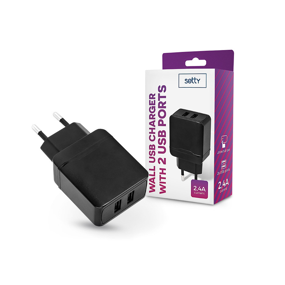 Setty 2xUSB hálózati töltő adapter - Setty USB Wall Charger - 5V/2,4A - fekete (TF-0183)