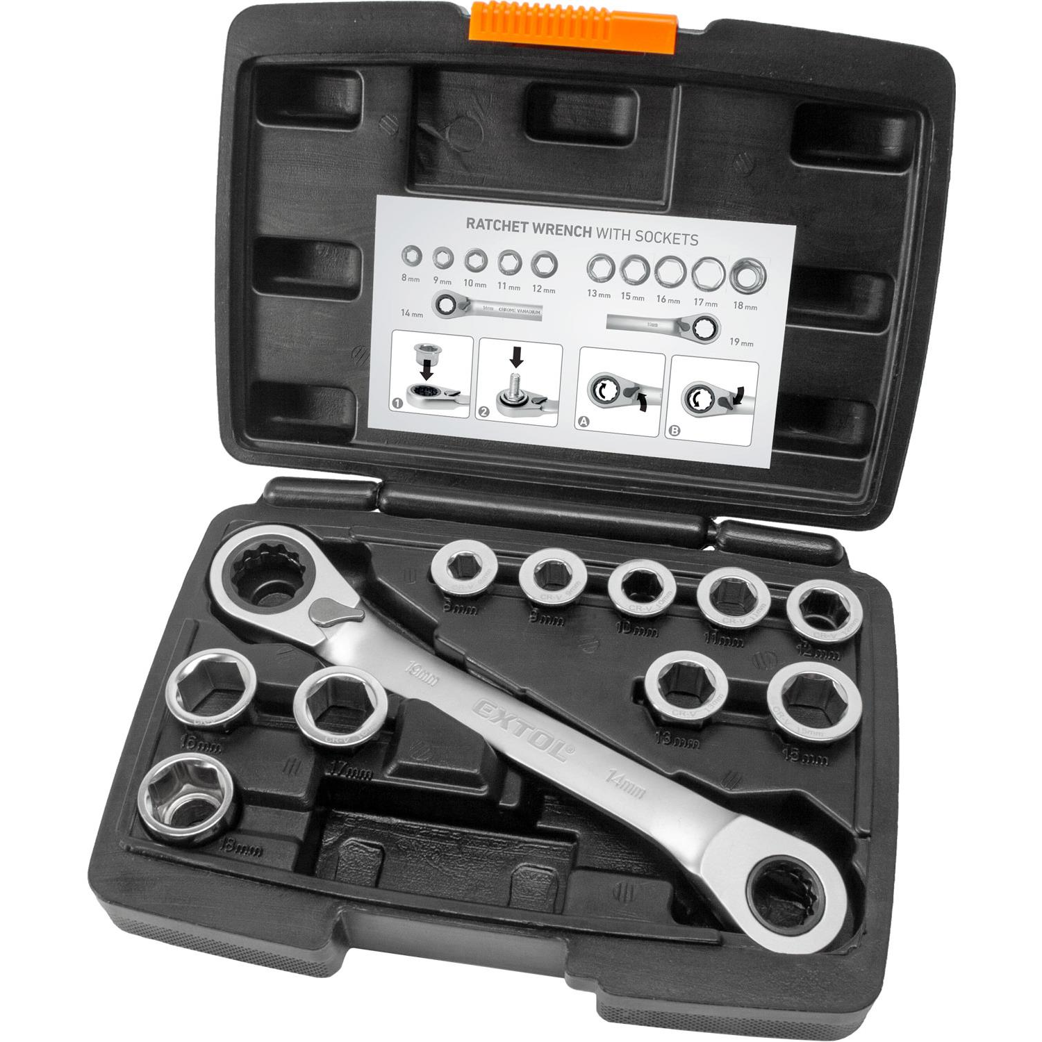EXTOL PREMIUM 8816343 racsnis kulcs és betétek, 11 darabos készlet, 8-19mm (8816101)