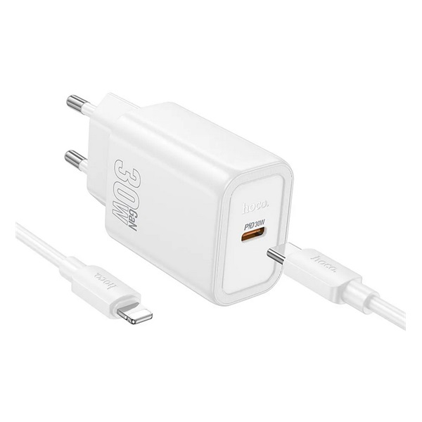 HOCO N62 USB-C Hálózati Gyorstöltő Adapter 30W + Lightning kábel - Fehér (N62_TYPEC_LIGHTNING_W)