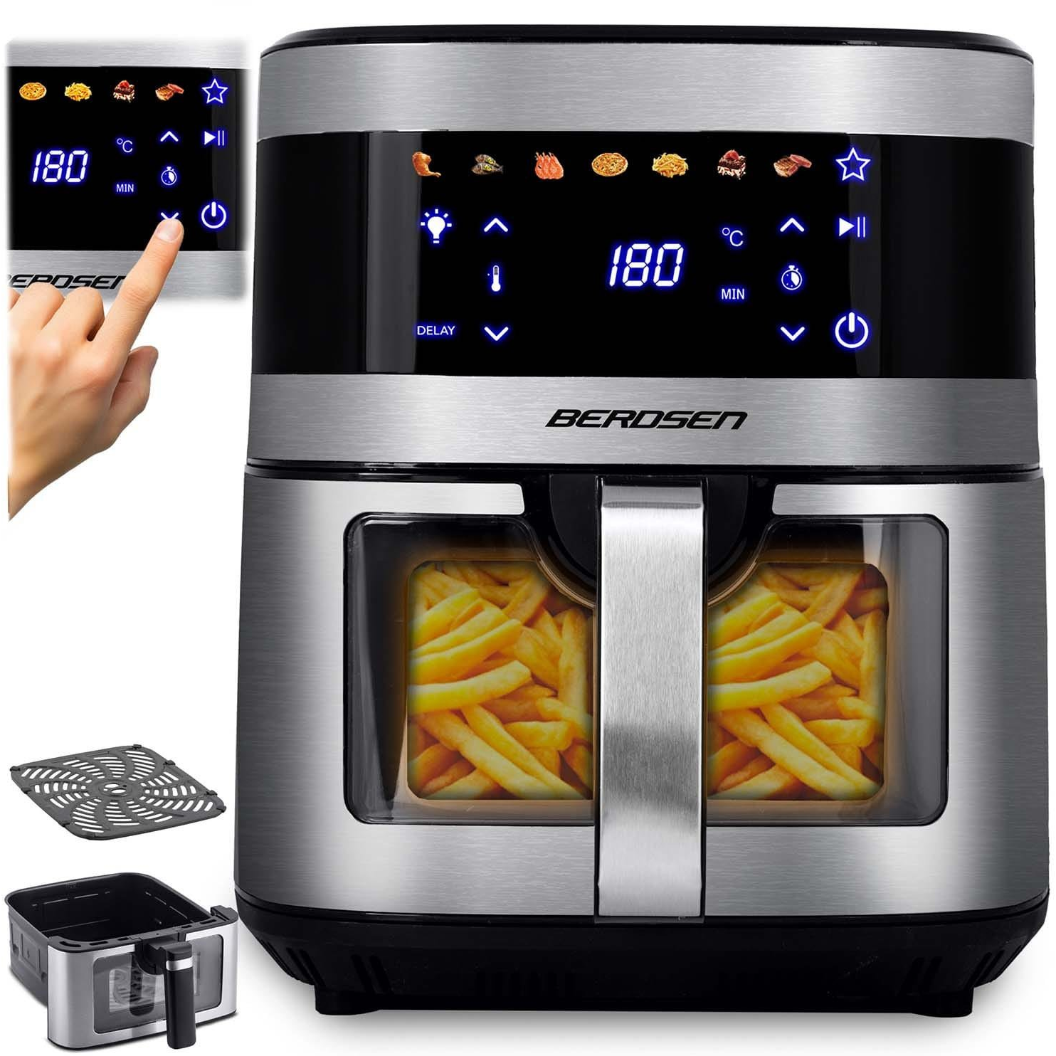 Berdsen BD-656 forrólevegős sütő, 1800 W, 6 liter, ezüst, tapadásmentes kosár, digitális kijelző, hőfok- és időzítőszabályzás (365600)