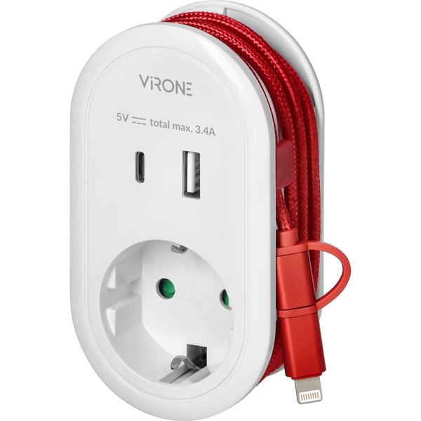 Adapter USB Orno Adapter z ładowarką USB i kablem ładującym (typ C + Lightning), 1x2P+Z Schuko, 2xUSB (Typ A+C), max 3,4A