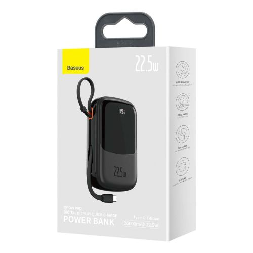 Външна батерия Baseus, Q Pow Digital Display, Бързо зареждане, QC/PD, 20000mAh, 22.5W, Вграден кабел Baseus Type-C, Черен