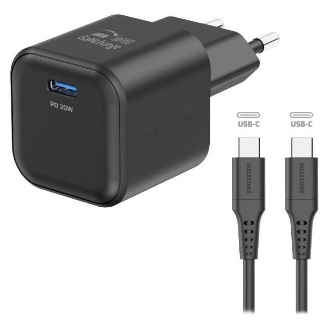Swissten 22070130 USB-C Hálózati Töltő Adapter USB-C Kábellel (1,2m) 20W - Fekete (22070130)