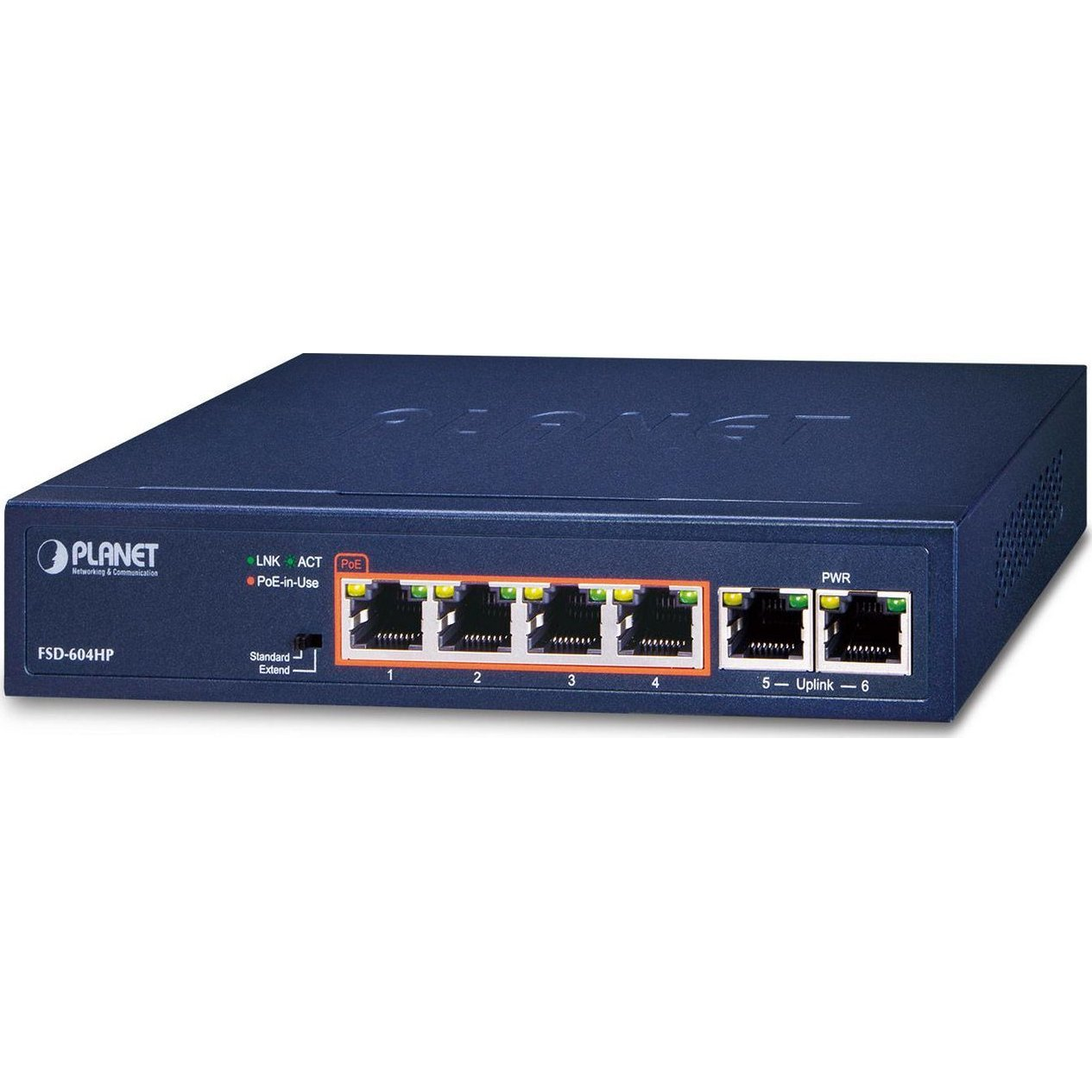 PLANET FSD-604HP hálózati kapcsoló Beállítást nem igénylő (unmanaged) Fast Ethernet (10/100) Ethernet-áramellátás (PoE) támogatása Kék (FSD-604HP)