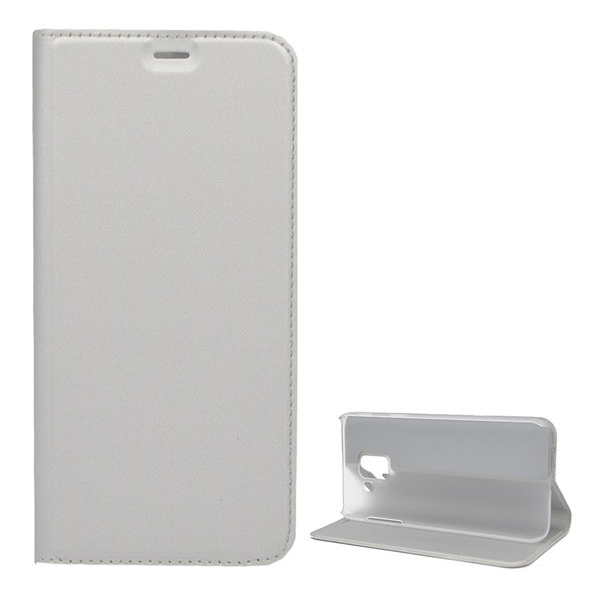 Калъф за телефон стоящ, кожен ефект (обръщане, странично отваряне, функция за поставка за маса) Сребрист [Samsung Galaxy J6 (2018) J600F]