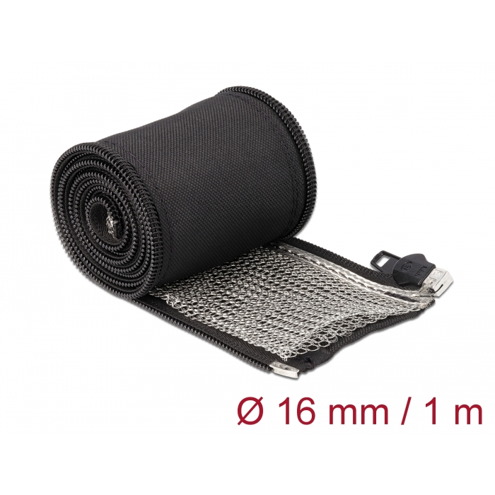 Delock Hőellenálló EMI Shielding fonott borítás zipzárral, 1 m x 16 mm méretű, fekete (20845) (20845)